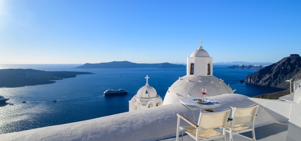 Historic Santorini settlement overlooking the caldera and volcano 