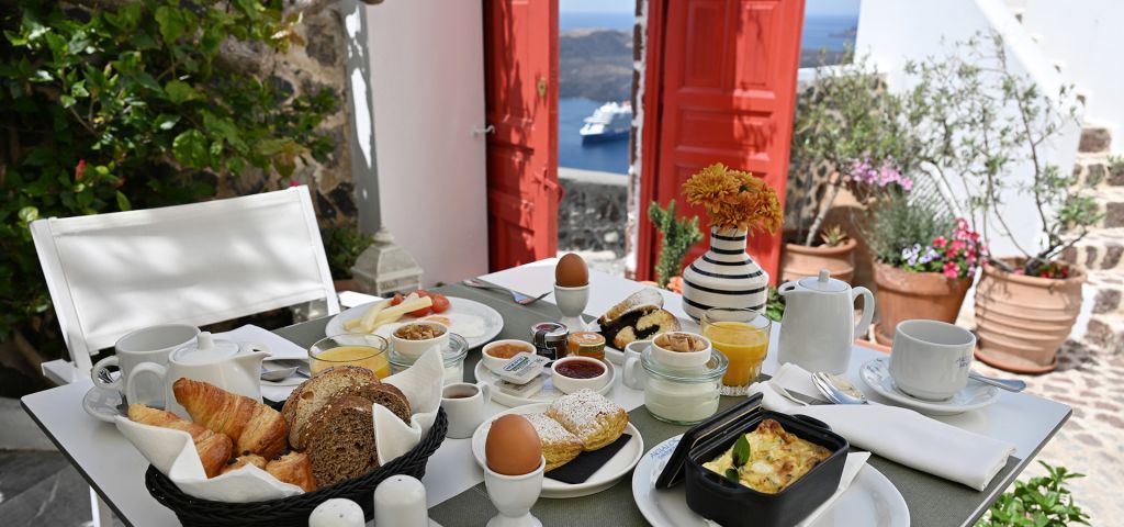 Freshly prepared breakfast with local Santorini products 