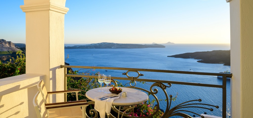 Volcano & Sea View Suite balcony overlooking the caldera 